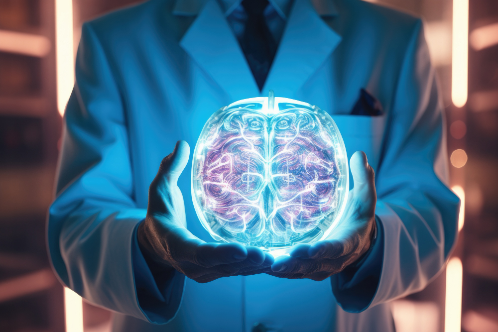 Professional holding a glowing brain model